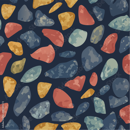 Organic retro pebble scatter pattern in dusty rose muted teal and burnt sienna channels natural mid-century modern textures for relaxed surface design