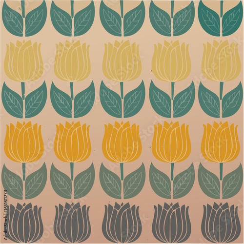Charming retro tulip row pattern in pastel peach powder blue and retro purple conjures nostalgic floral lanes and mid-century domestic warmth
