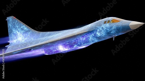 Futuristic Aircraft with Electroluminescent Energy Trails in Flight