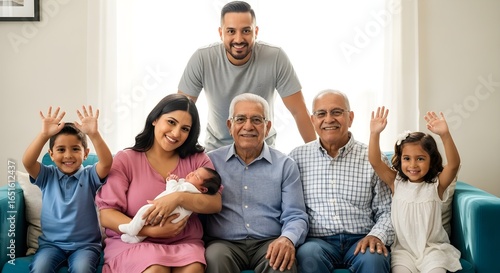 Joyful Four-Generation Hispanic Family Portrait Celebrating a Newborn in a Sunlit Room