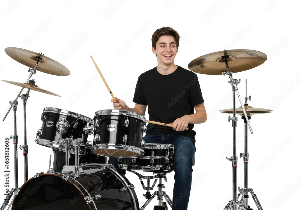Fototapeta premium Dynamic drumming performance studio setting bright front music enthusiasm isolated on transparent background