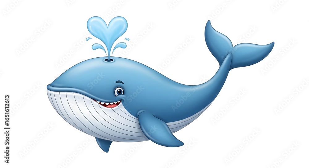 Fototapeta premium Charming Blue Cartoon Whale Spouting a Heart-Shaped Water Splash of Love