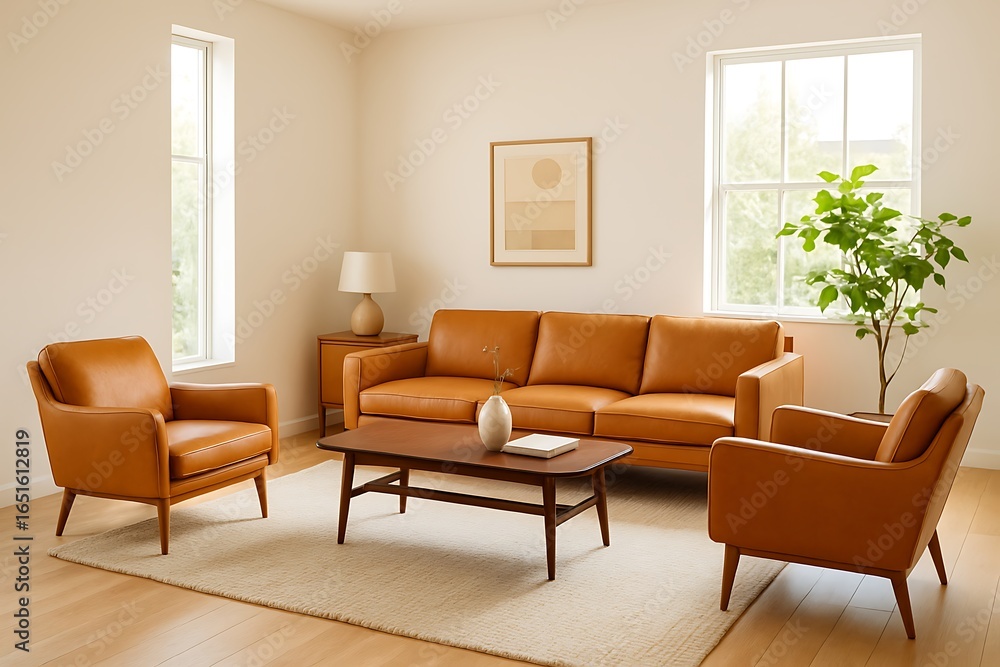 Fototapeta premium mid century modern living room with leather furniture, warm tones, and natural light, perfect for a stylish and cozy atmosphere