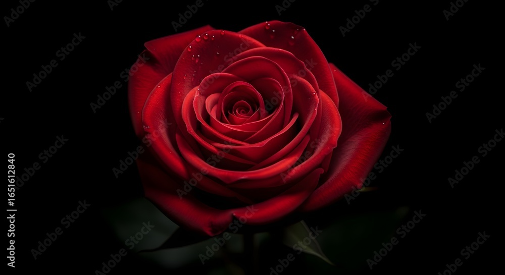 Fototapeta premium Velvet Red Rose with Dew Drops on Black Background, Romantic Close-Up