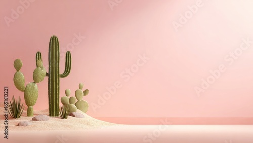 Minimalist desert scene Saguaro and prickly pear cacti nestled in pale sand against a blush pink wall, bathed in soft light
