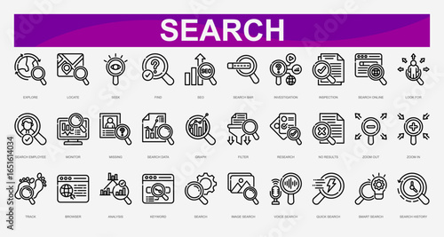 Search line Icons set. Vector illustration. Explore, Locate, Seek, Find, SEO, Search Bar, Investigation, Inspection, Search Online, Look For. Vector illustration
