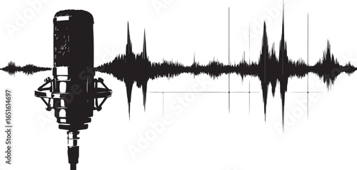 Black silhouette of a vintage microphone with a sound wave graphic audio music