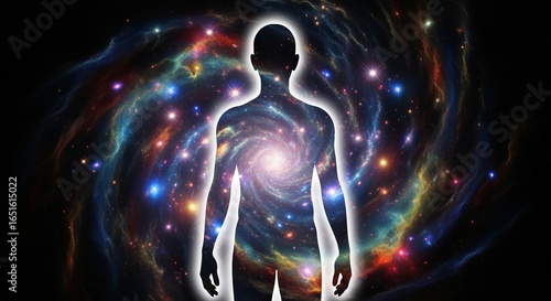 Silhouette of a human figure filled with a swirling galaxy and colorful nebula in a dark space