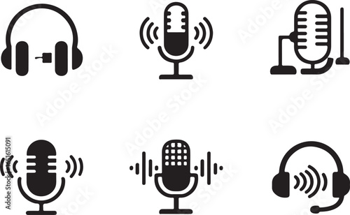 Collection of six black and white icons featuring microphones and headphones audio sound