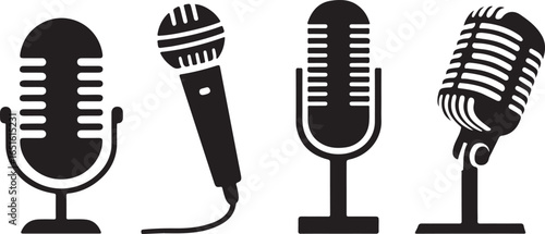 Four black silhouette microphones on white background audio sound