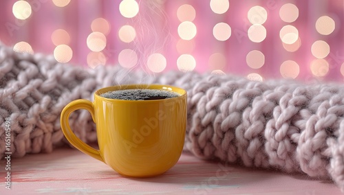 Wallpaper Mural A steaming cup of coffee in a yellow mug sits on a pink table, partially nestled in a soft, chunky knit blanket, against a bokeh background of pink and gold lights Torontodigital.ca
