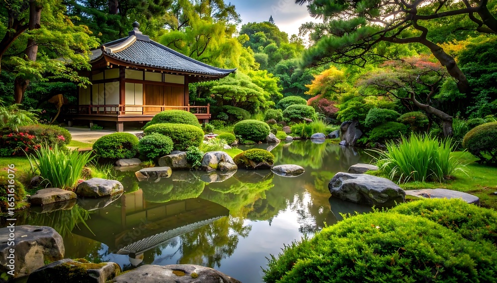 Tranquil scene of a meticulously landscaped garden. Tranquil scene of a meticulously landscaped garden.