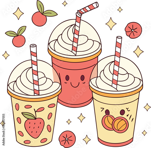 cute fruit milkshake cups with whipped cream topping