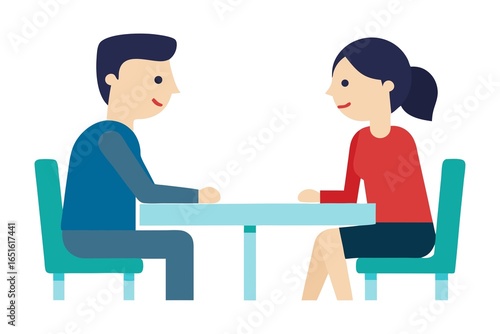 Cartoon Man and Woman Sitting at a Table Conversing in a Flat Design Style