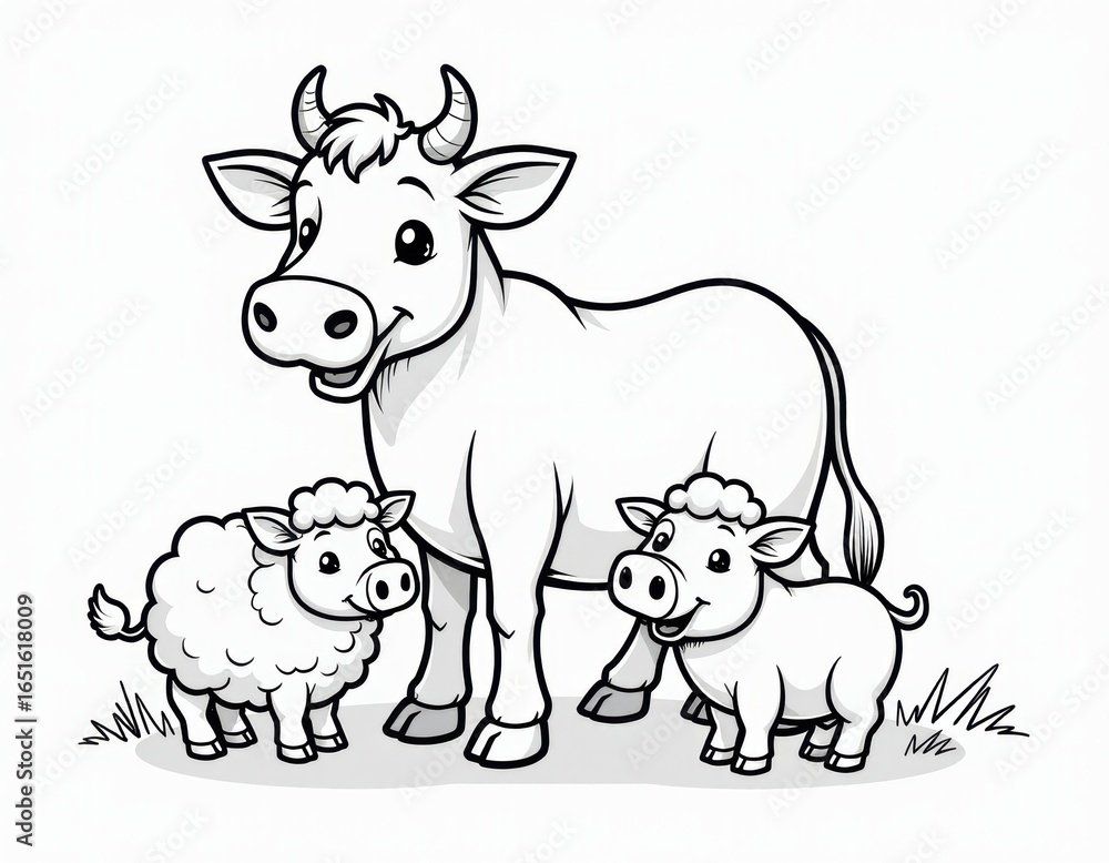 Fototapeta premium Cute Farm Animals Coloring Page Cow, Sheep, and Piglet Outline