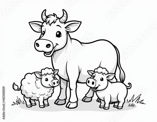 Cute Farm Animals Coloring Page Cow, Sheep, and Piglet Outline