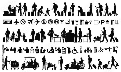 Airport Activities Silhouettes Set: a collection of vector silhouettes depicting travelers and airport elements. a minimalistic visual storytelling capturing the dynamism of air travel.