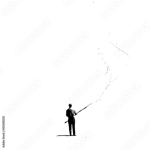 A lone figure with spear casting abstract lines against a stark white background in black and white style