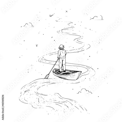 A lone figure in a boat navigates a winding river under a starry sky in a monochrome illustration