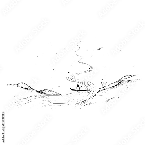 Illustration of a person in a canoe on a river with mountains and stars in a black and white sketch style