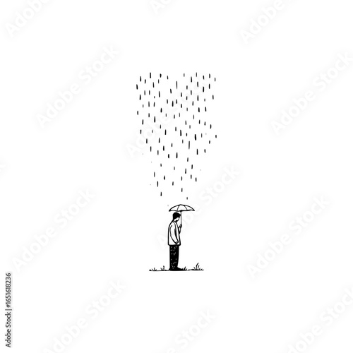 A minimalist drawing of a person standing under heavy rain holding an umbrella in a simple landscape
