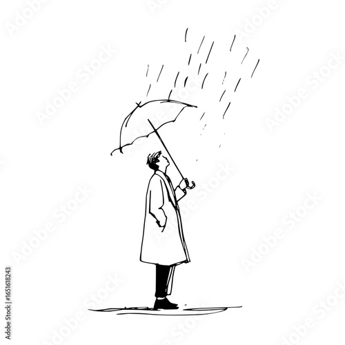 A person stands holding an umbrella looking up at the rain in a minimalist black and white drawing