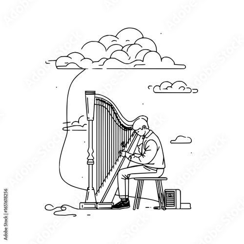 Line art of a man playing a harp under clouds while sitting on a stool in a minimalist style