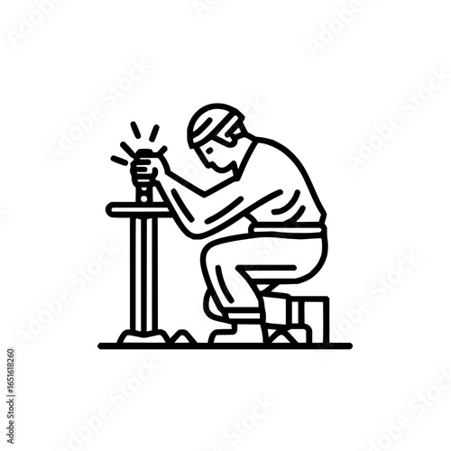 Illustration of a blacksmith forging a sword on an anvil while seated on a small stool outline style