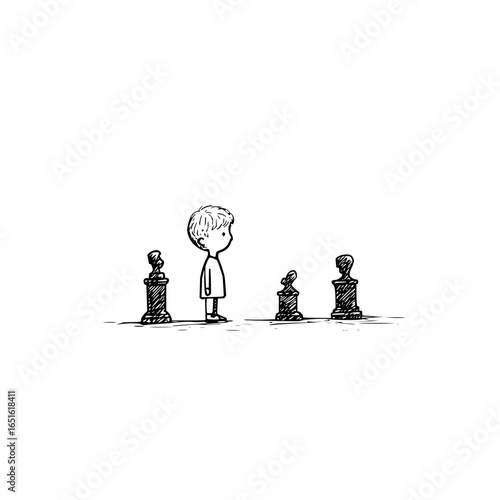 A young boy standing in front of three sculptures in a minimalistic black and white illustration style