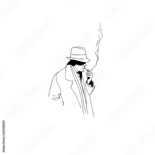 Line drawing of a man in a hat and coat smoking a pipe with smoke rising on a white background