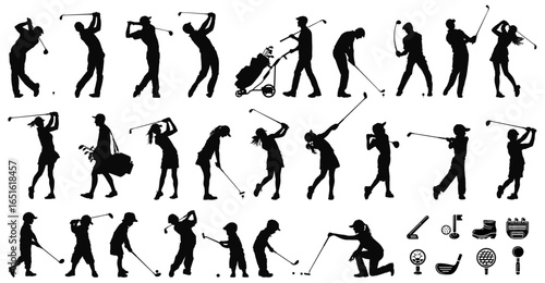 Golf silhouette Set: A collection of dynamic golf silhouettes in various poses, illustrating a sense of movement. A sense of sportsmanship and elegance in the game of golf. 