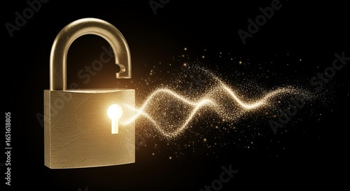 A golden padlock unlocked with sparkling light emanating from the keyhole on a black background