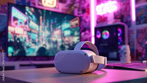 A white VR headset rests on a desk in a vibrant, neon-lit gaming setup, with a large screen displaying a dynamic cityscape behind it