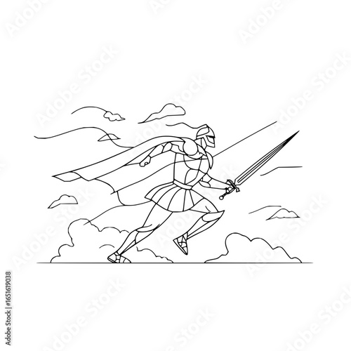 Line art of a warrior with helmet and cape running with a sword in a cloudy sky background design