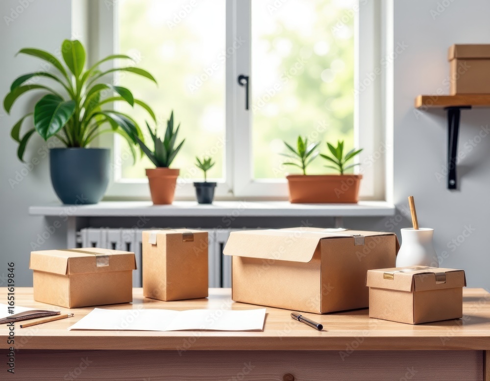 Fototapeta premium Cardboard Boxes on Desk for E-commerce Shipping and Home Office Logistics