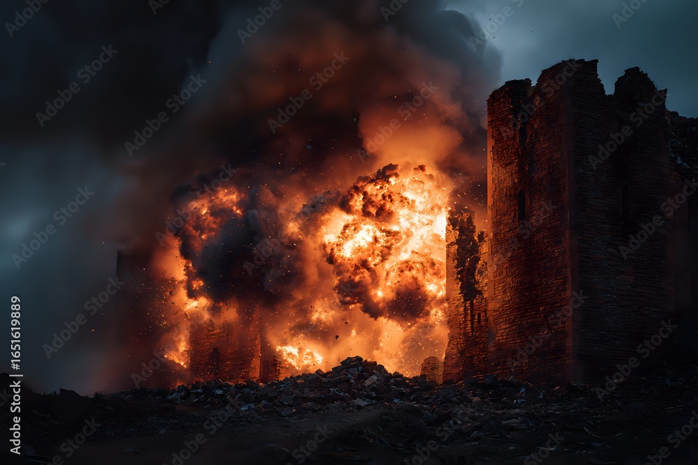 Fototapeta premium Castle Inferno: Historical Destruction Explosion