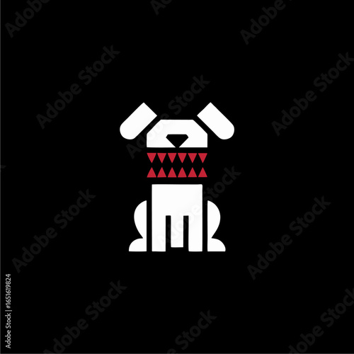 A minimalist graphic of an angry white dog baring its sharp red teeth, sitting on a black background.