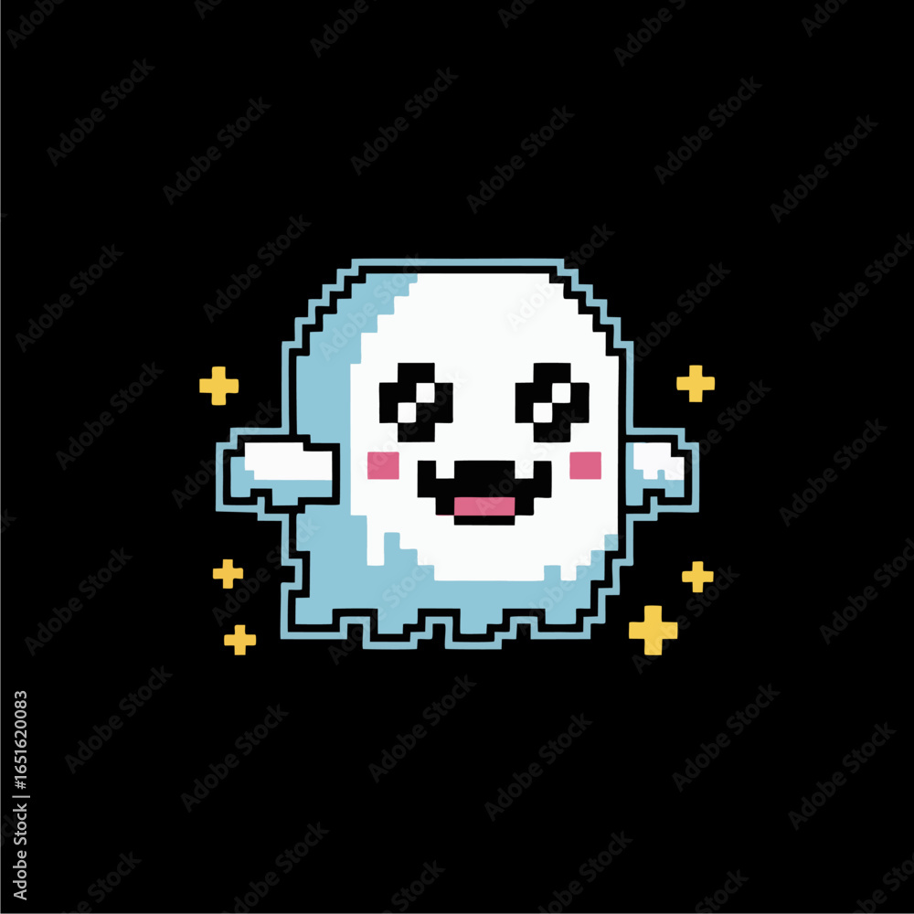 Fototapeta premium A cute and happy pixel art ghost character with a big smile, rosy cheeks, and sparkling stars on a solid black background.