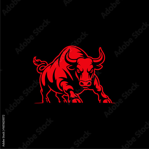 A powerful red bull mascot with an aggressive, charging stance, depicted as a bold graphic illustration on a solid black background.