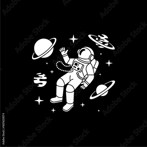 Astronaut floats weightlessly amidst planets and stars in space.