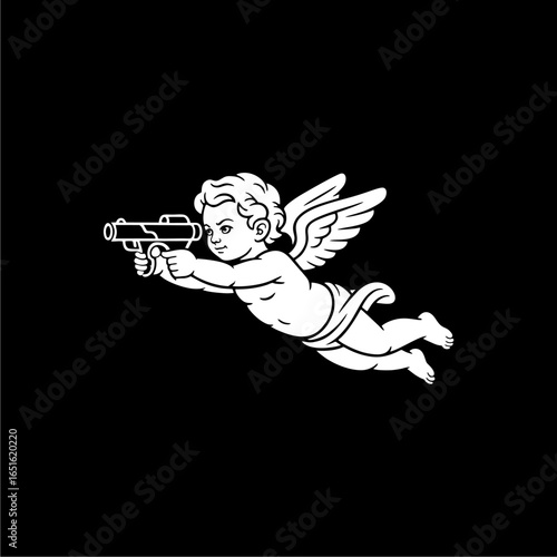 A cherubic angel, wings outstretched, fiercely grips a handgun in flight.