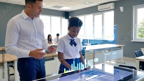 Teacher guides student using interactive smart board in modern classroom with holographic displays