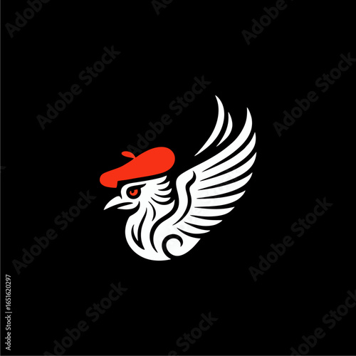 Stylized white bird with spread wings wearing a red beret on a black background.