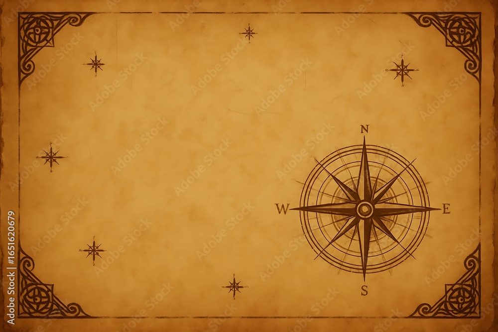 Fototapeta premium Vintage parchment paper with antique compass and star details, perfect for historical, travel, or exploration themed designs and projects.