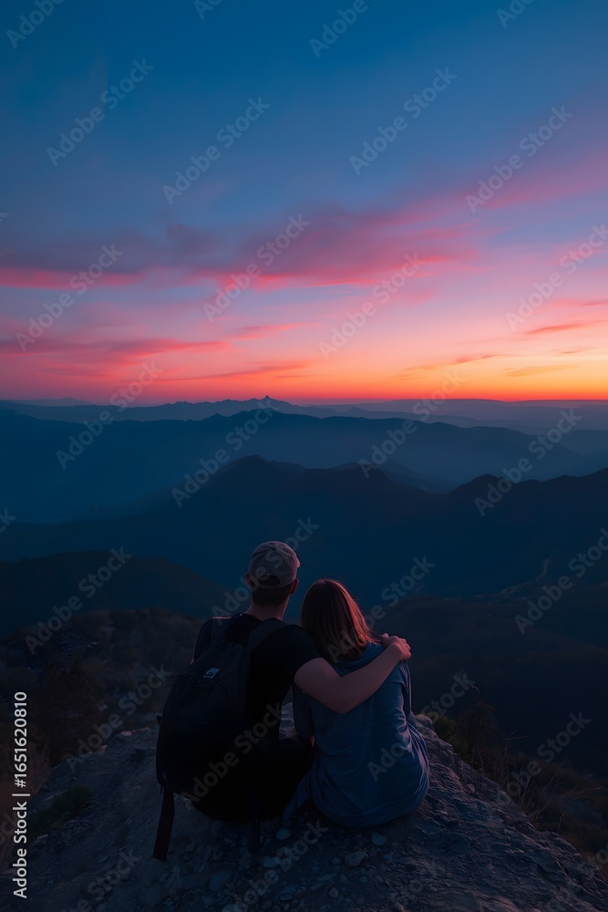 Fototapeta premium Romantic couple sitting on mountain cliff at sunset embracing while watching colorful sky and panoramic landscape, symbolizing love, adventure, travel, nature connection, and peaceful moment together