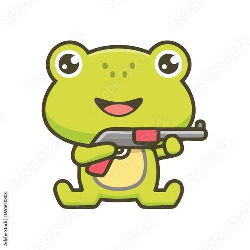 A cartoon frog cheerfully holding a gun with a vibrant expression. The frog features bright green skin, smiling, and a gun, showcasing a playful illustration.