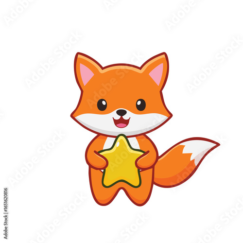 A cute cartoon fox holding a golden star, with a cheerful expression