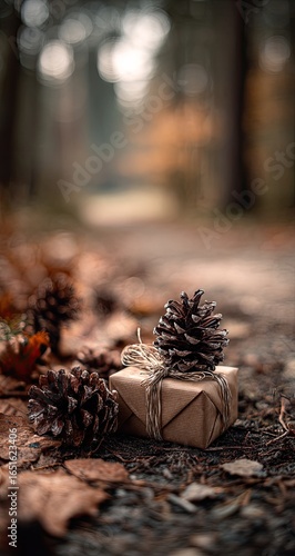 A small, rustic gift wrapped in brown paper and twine, adorned with a pine cone, rests on a forest path strewn with fallen leaves and pine cones. Autumnal ambiance