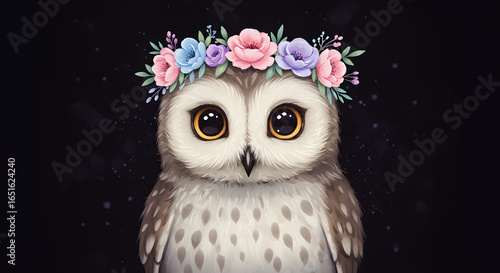 Adorable Owl with a Flower Crown Under a Starry Night Sky