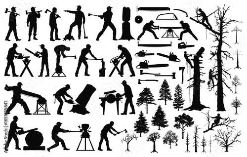 Lumberjack Silhouettes: A diverse collection of dark silhouettes depicts a range of lumberjack activities in a crisp, graphic display.